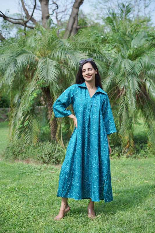 TRIBECA TWIRL BANDHANI DRESS NEON BLUE