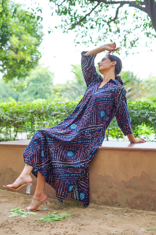 TRIBECA TWIRL BANDHANI DRESS BLUE