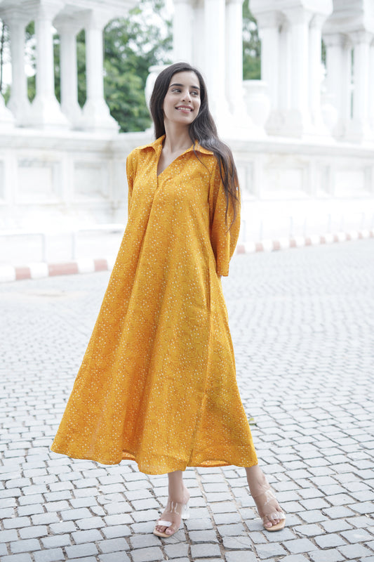 TRIBECA TWIRL BANDHANI DRESS NEON MUSTARD