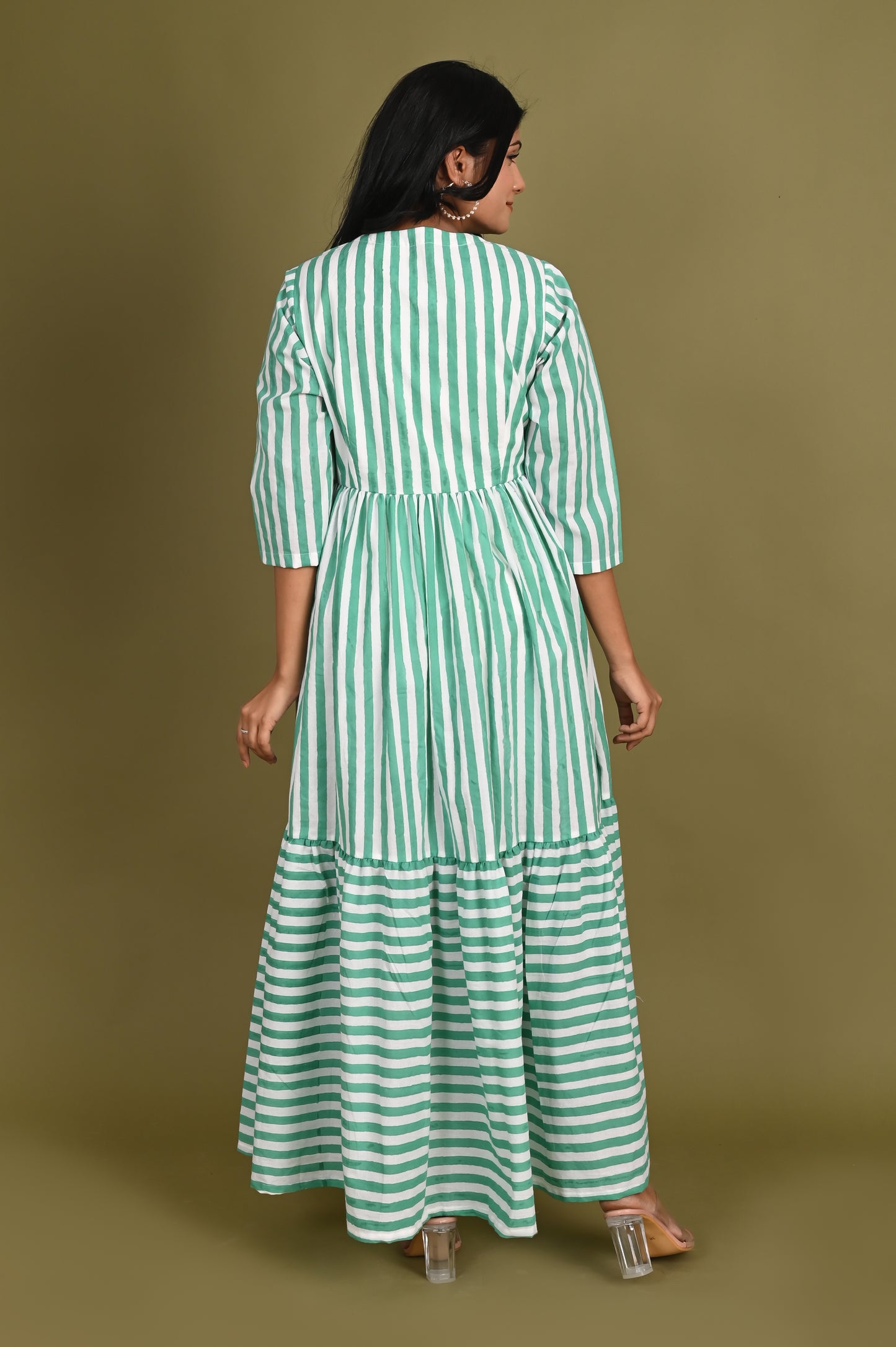 Green Block printed striped long dress