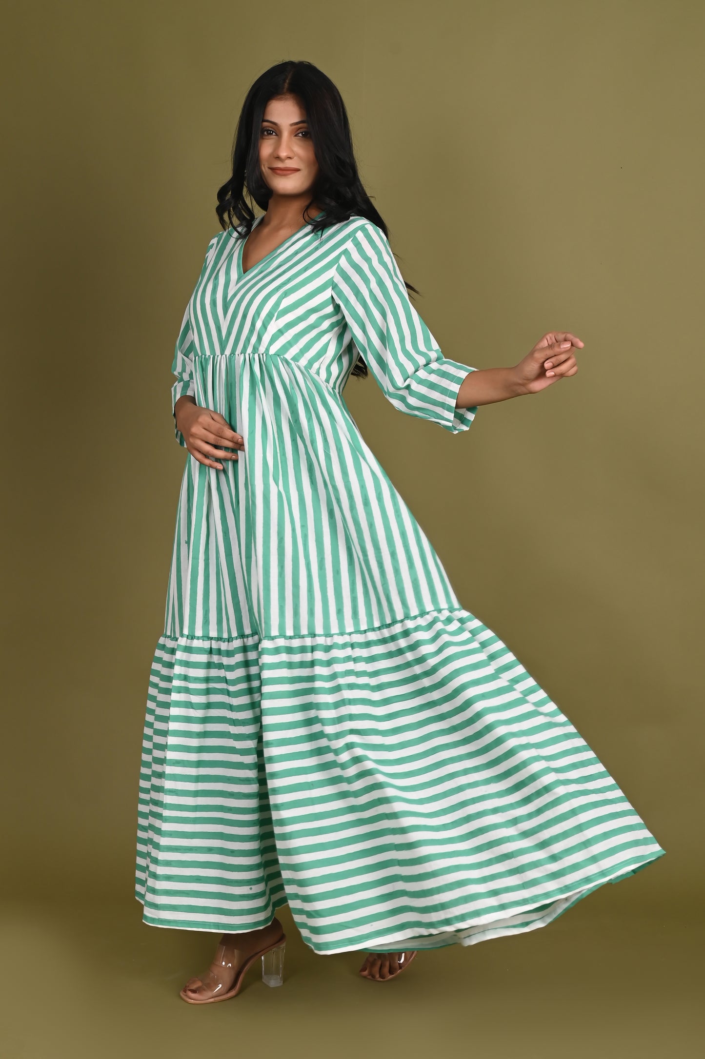 Green Block printed striped long dress