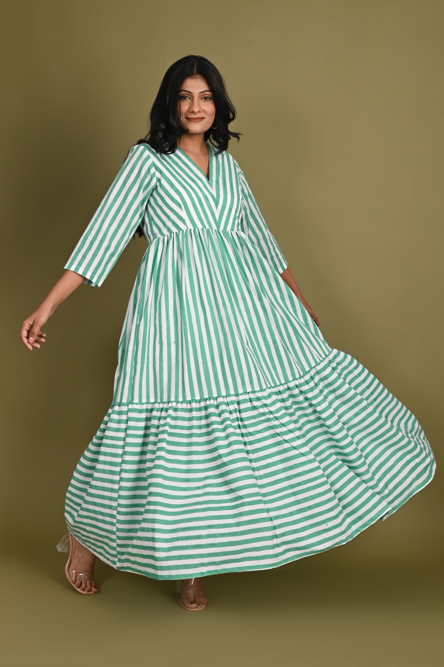 Green Block printed striped long dress