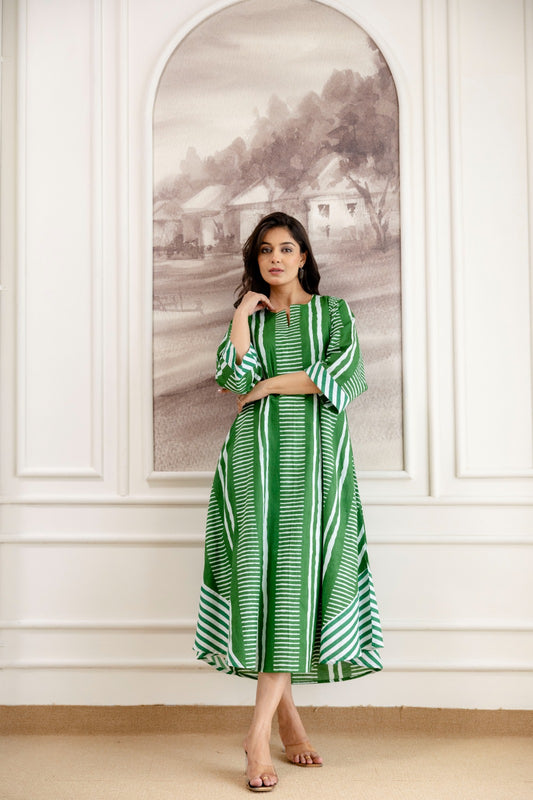 Fifth Avenues Flair-Green block printed cotton